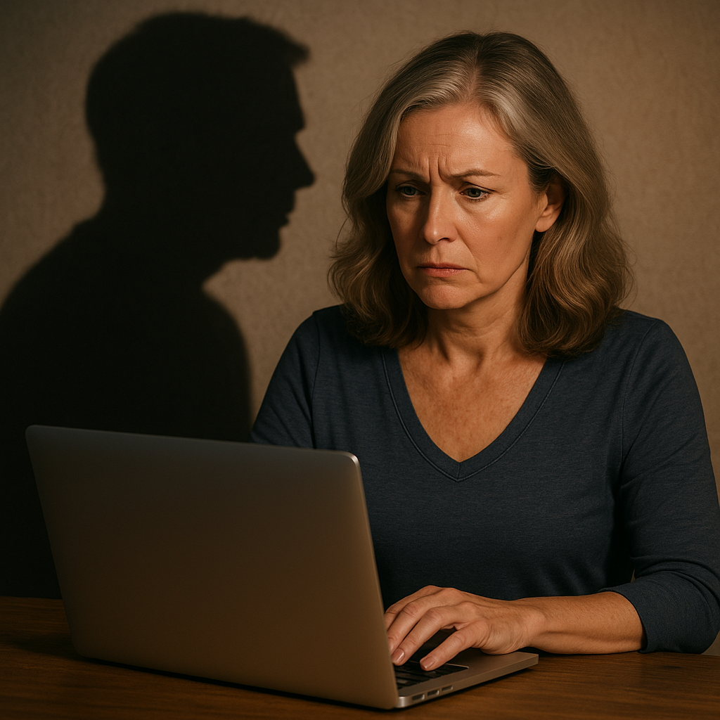 A woman looks at a computer screen with worry during men's mental health month 2025 